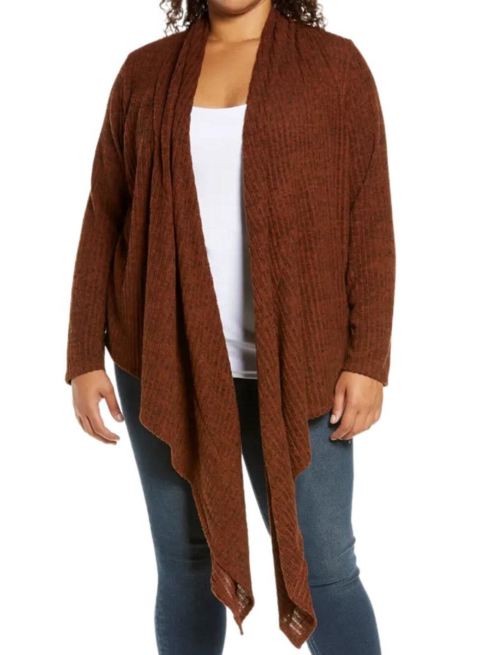 Rust Ribbed Tie Front Waterfall Cardigan Plus Size 1X Loveapella